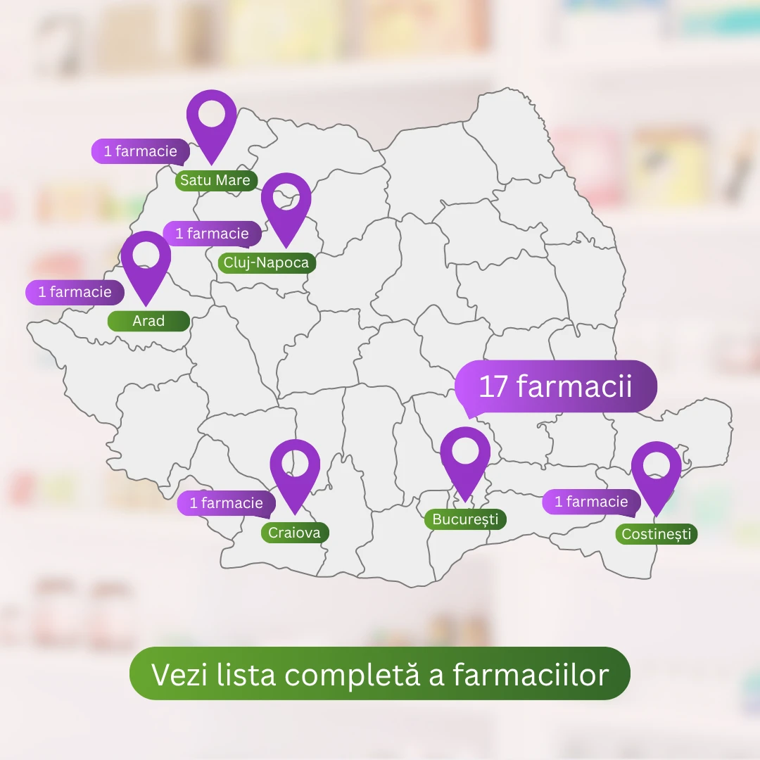 Harta farmaciilor Spring FARMA din România — București, Craiova, Satu Mare, Cluj-Napoca, Arad și Costinești