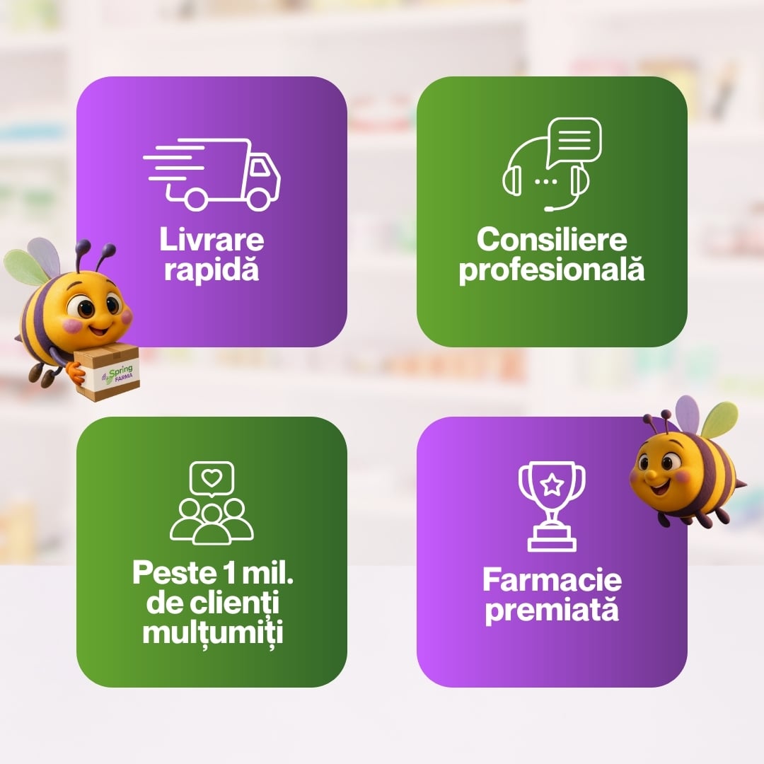 Patru pictograme: livrare rapidă, consiliere profesională, peste un milion de clienți mulțumiți și farmacie premiată